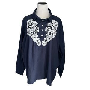 GRETCHEN SCOTT  Acapulco tunic top navy blue white embroidery Size Diva
